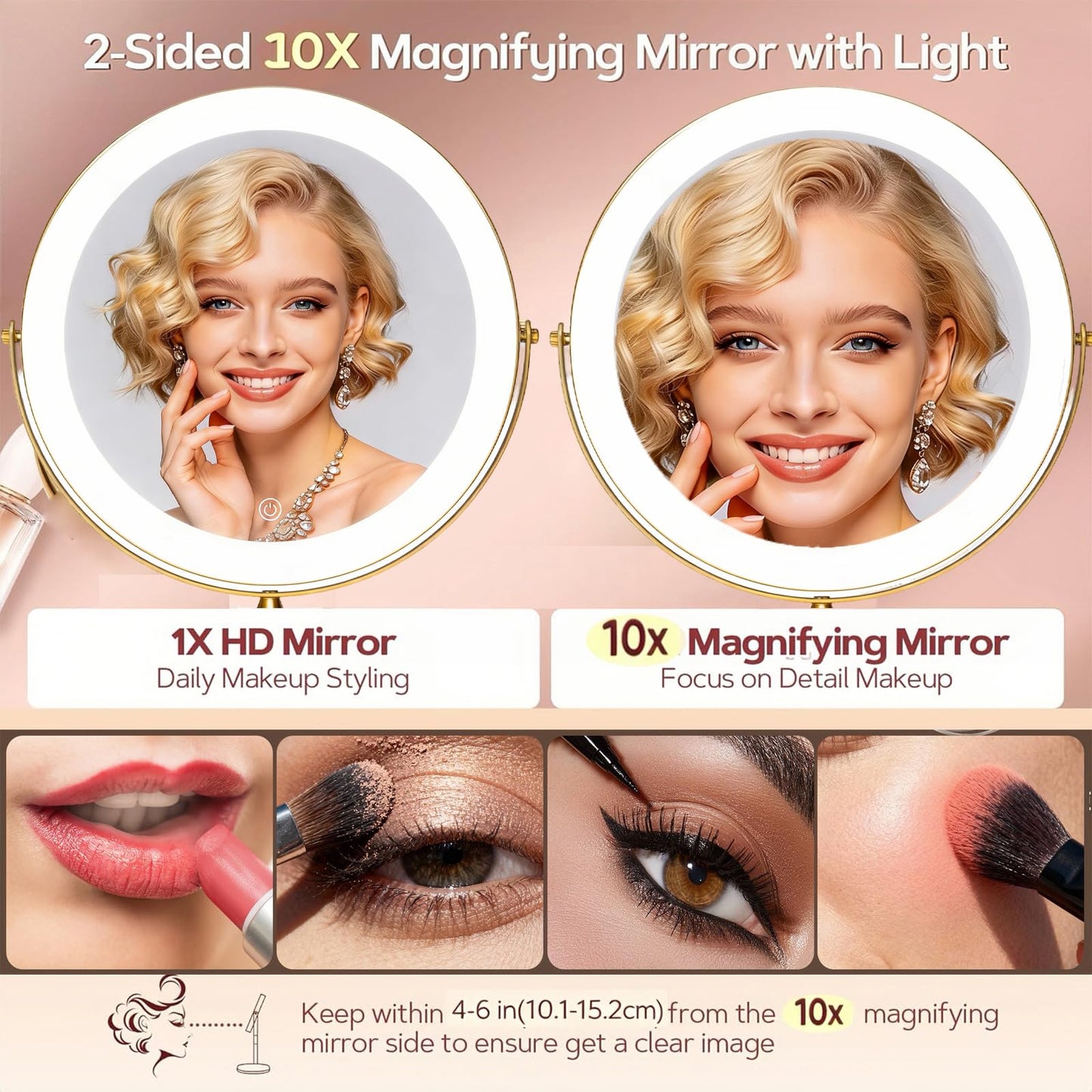 DEXHOM 11.8" Extra Large Lighted Makeup Mirror, 1X/10X, 2-Sided Magnifying Mirror with 96 LEDs, 3 Color Dimmable Lights, 360° Swivel, LED Vanity Mirror, White - Great Gift Gold