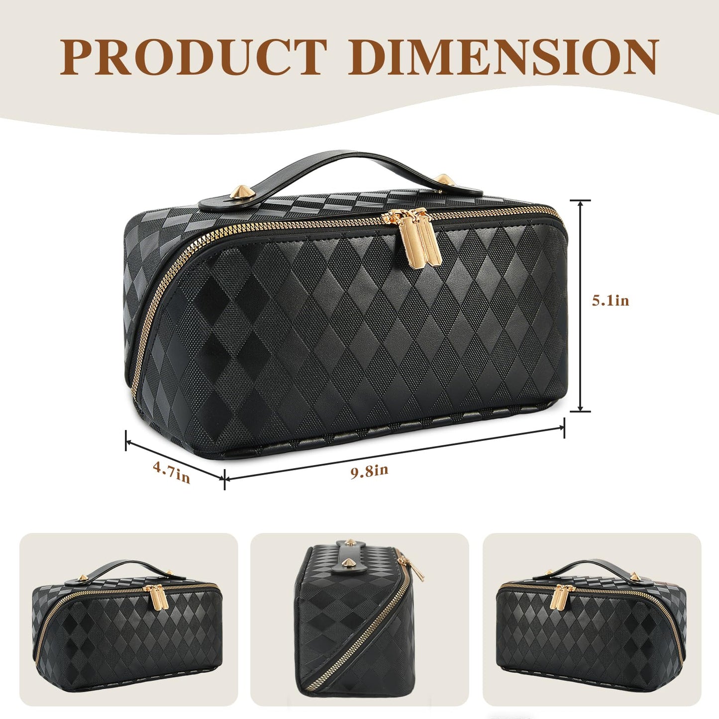 IDELCHOIS Travel Makeup Bag Large Capacity Cosmetic Bags for Women, Waterproof Toiletry Bag Open Flat Makeup Bag with Compartments and Handle, Portable Cosmetic Organizer Pouch, Diamond Black