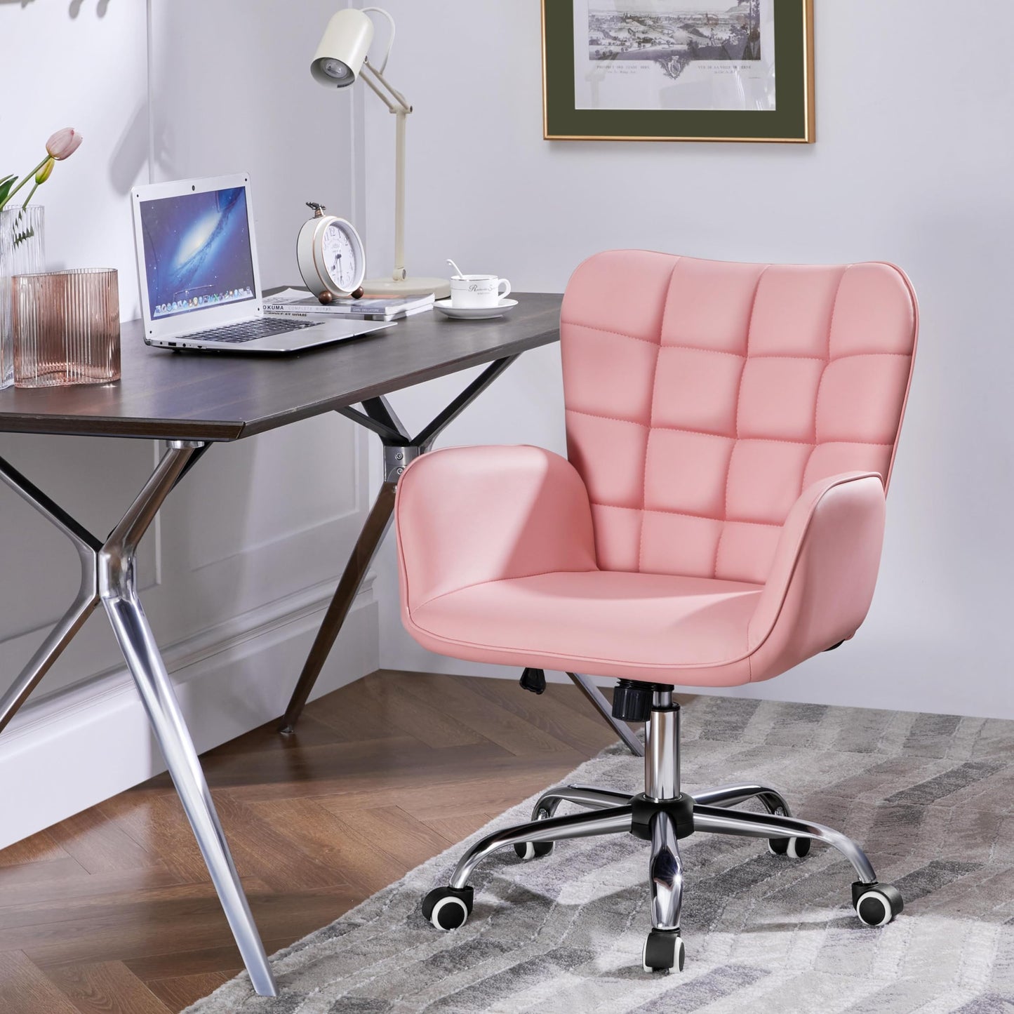 Yaheetech Modern Faux Leather Office Chair Ergonomic Adjustable Vanity Makeup Chair with Padded Armrests Big Seat for Office, Study, Home, Pink