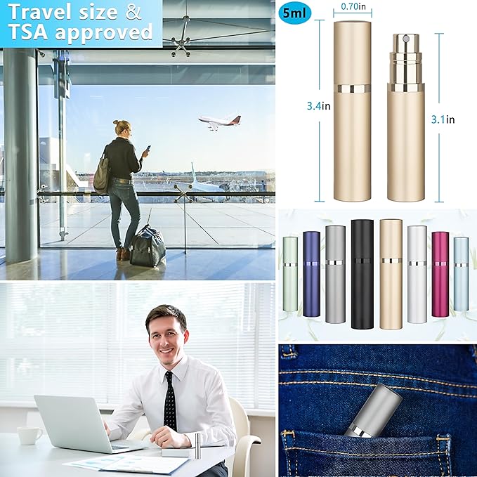 Refillable Perfume Atomizer Travel Bottle 3-Pack 5ml Leakproof Luxury Travel Perfume Refillable Bottle, Portable Fragrance Atomiser (Black & Gold & Silver)