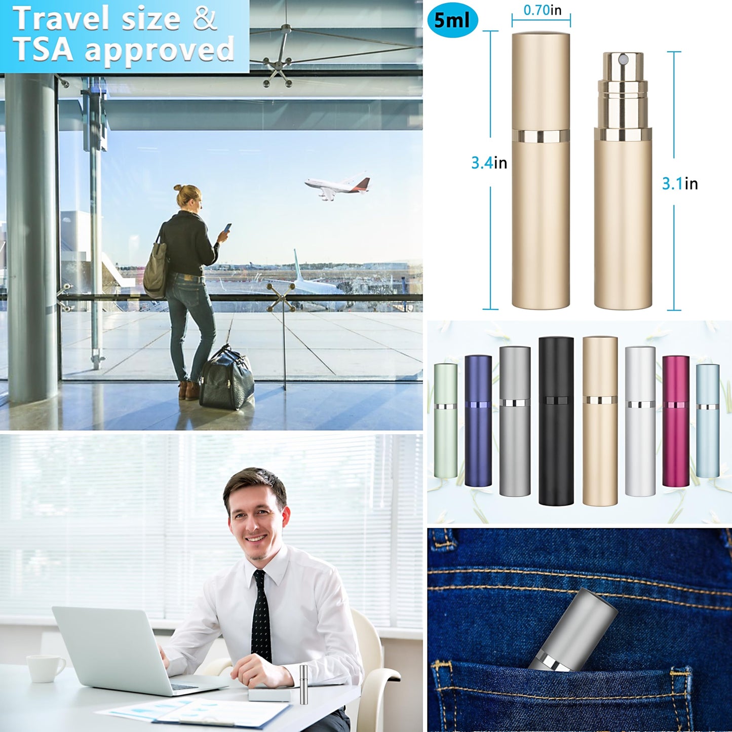 Qavhun Refillable Perfume Atomizer Travel Bottle 3-Pack 5ml Leakproof Luxury Travel Perfume Refillable Bottle, Portable Fragrance Atomiser (Black & Gold & Silver)