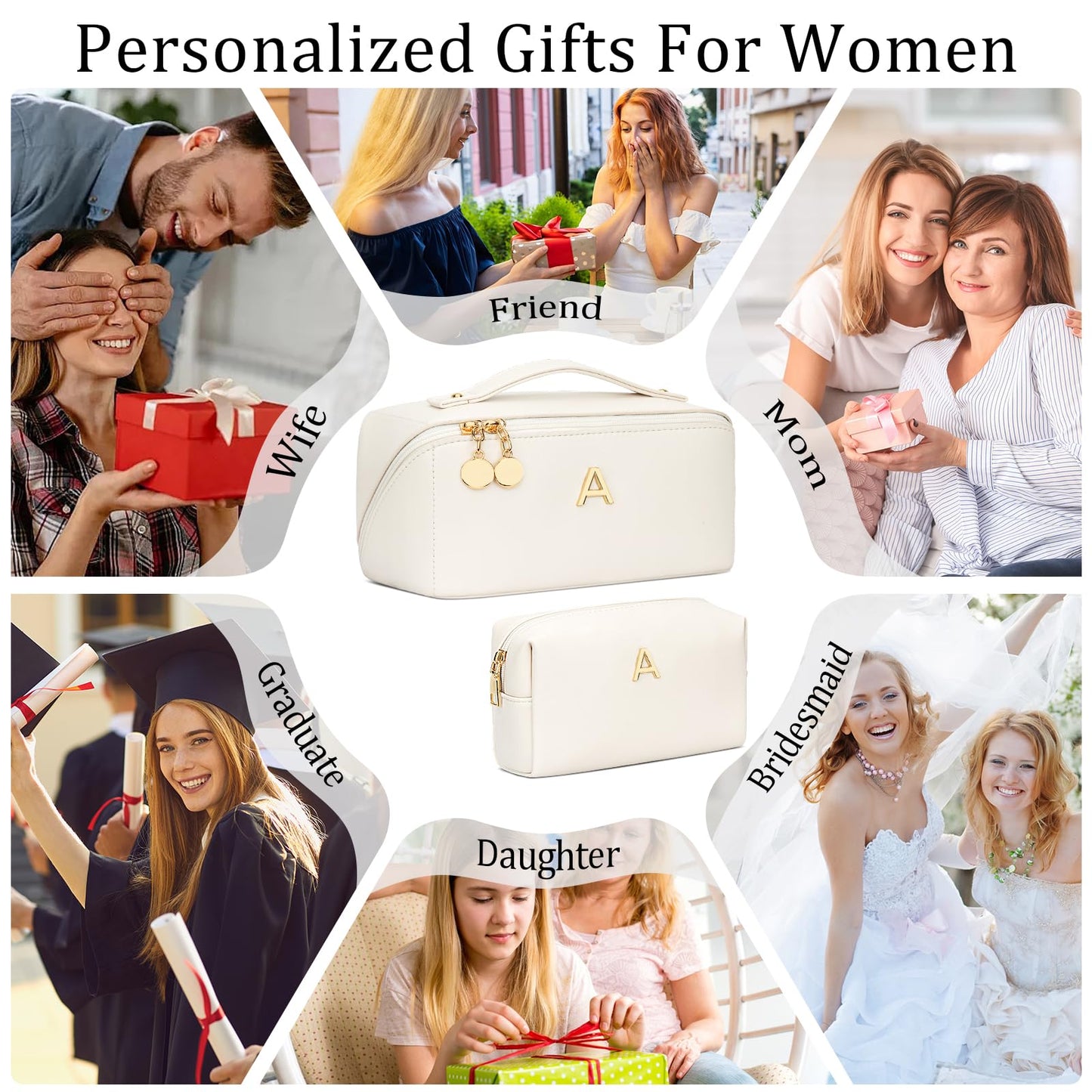 CLOUDWINGS Birthday Gifts for Women Teen Girl, Personalized Initial Makeup Organizer Bag Set, Open Flat Travel Cosmetic Bag With Clear Divider and Handle(Large-Beige,A)