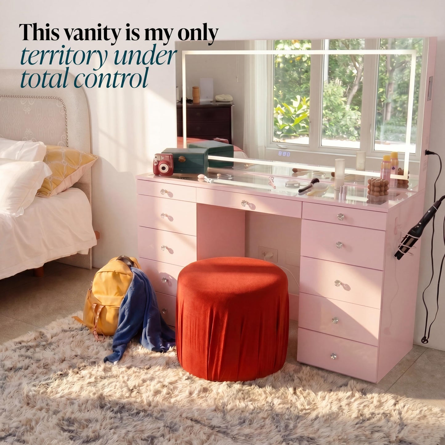 Boahaus Elara Extra-Large Vanity Desk with LED Mirror – Complete Makeup Station with Integrated Power & Built-in Speakers