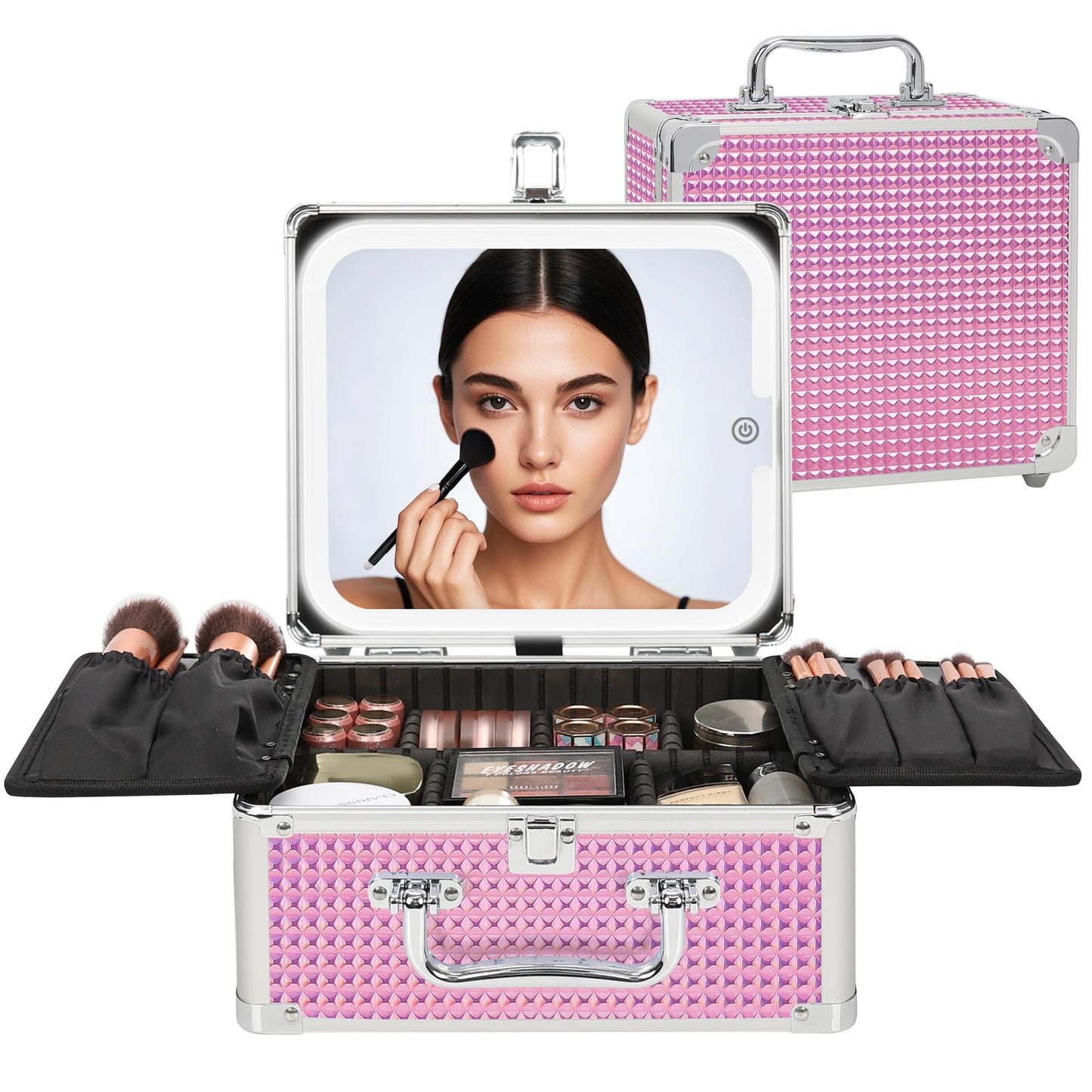 Relavel Makeup Bag with LED Mirror, Makeup Box Travel Train Case with Rechargeable Lighted Mirror, Cosmetic Brush Organizer Storage for Makeup Artists Gifts for Women and Girls, Pink
