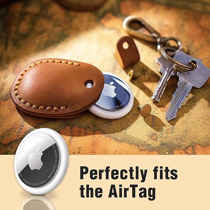 Genuine Leather Airtag Holder, Portable Handcraft Leather Air Tag Keychain with Keyring and Screwdriver, Full Coverage Air Tag Protective Case Cover Accessories - Brown