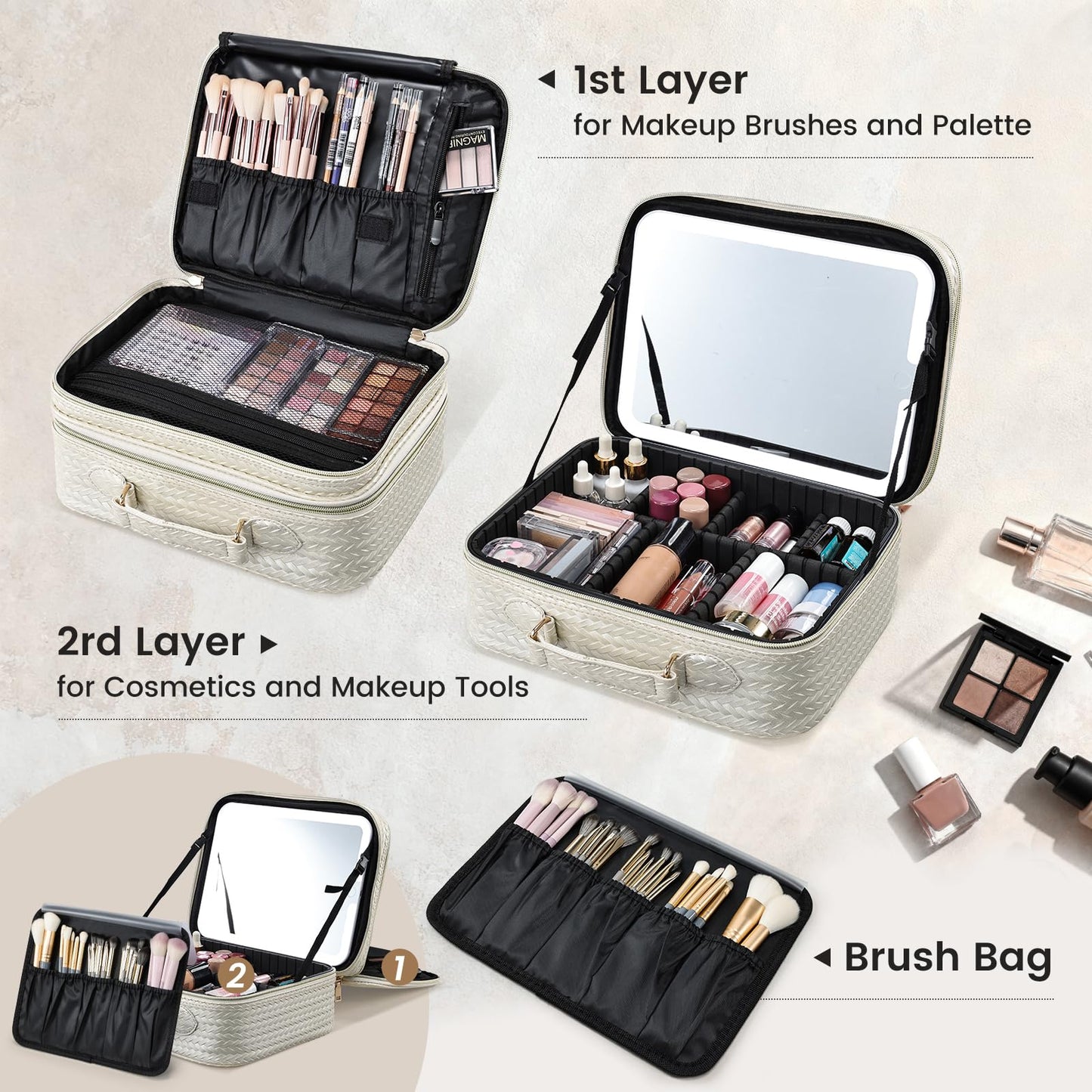 Faquenc Makeup Bag with LED Lighted Mirror 12.2 IN Cosmetic Train Case Double Layer Makeup Case Adjustable Brightness in 3 Colors Cosmetic Organizer Artist Storage with Brush Holder Vanity Beige