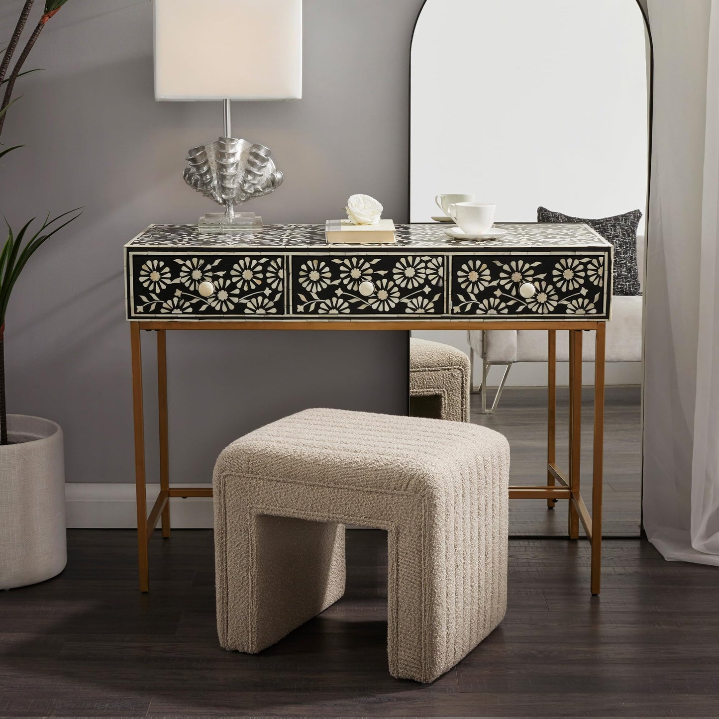 Get Set Style Vanity Stool Chair,Modern Boucle Ottoman Foot Stool with Wooden Legs Sofa Bench Footstool Extra Seat for Vanity,Makeup Room,Living Room,Entryway,Office (Fully Assembled) (Taupe)