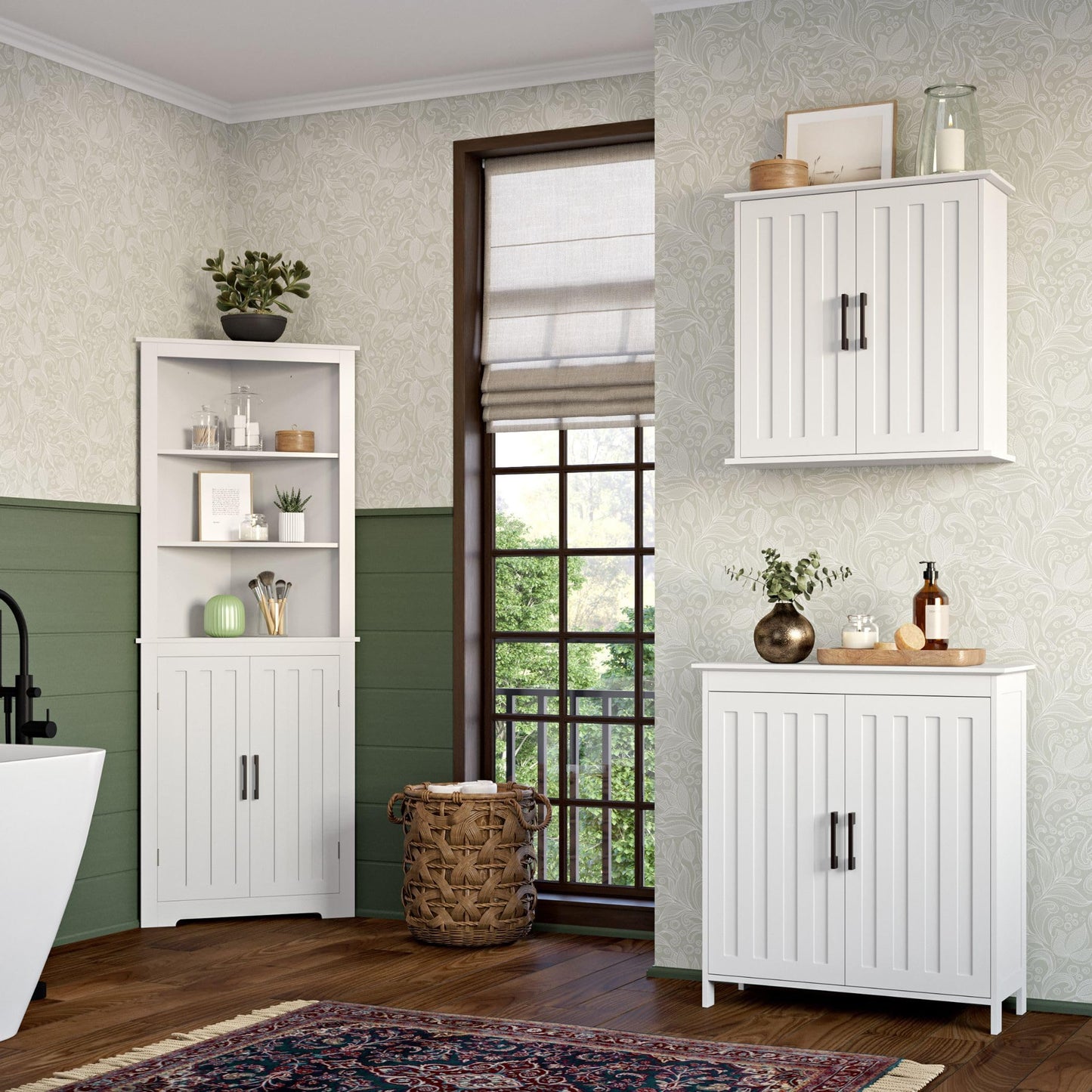 RiverRidge Monroe Two-Door Floor Storage Cabinet - Bathroom Storage Cabinet with Adjustable Shelves - Soft-Close Doors White Finish with Matte Black Handles