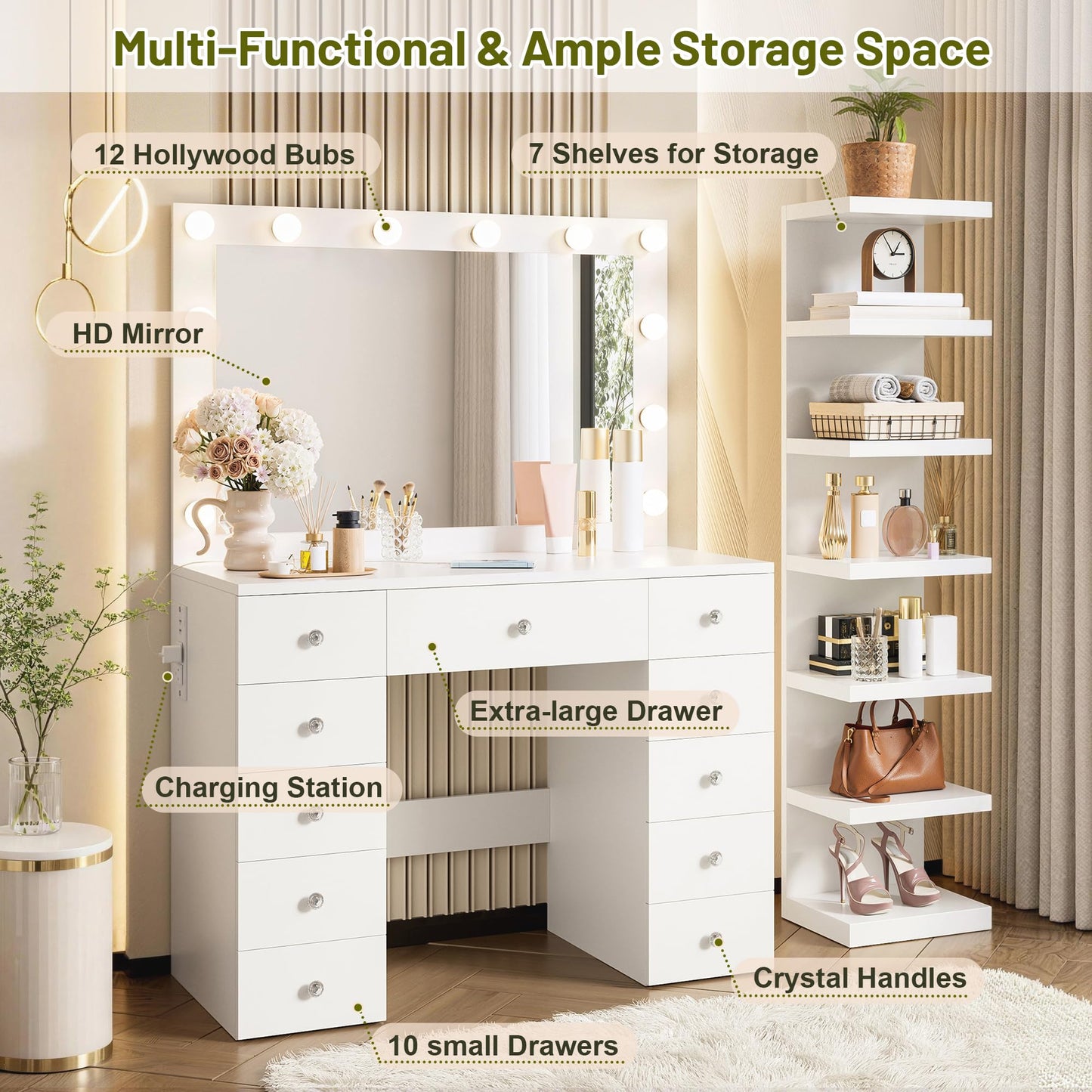 GDFStudio 43.3" Vanity Desk with 11 Bulbs & 7-Tier Storage Shelves, Makeup Vanity Table with Power Outlet, 11 Drawers, Adjustable 3-Color LED Lighting, Crystal Handles, Large White Dressing Table