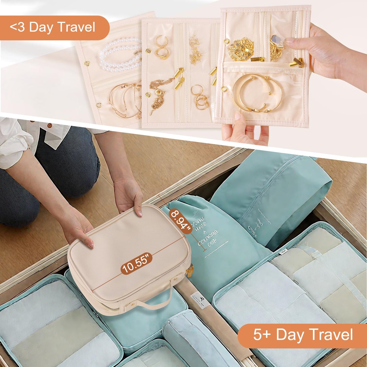 Vutlue Travel Jewelry Case Organizer for Women, Jewelry Storage Book with Small Pouch, Travel Jewelry Bag Case for Traveling Necklace, Earrings, Rings, Bracelet Organizer (Beige)