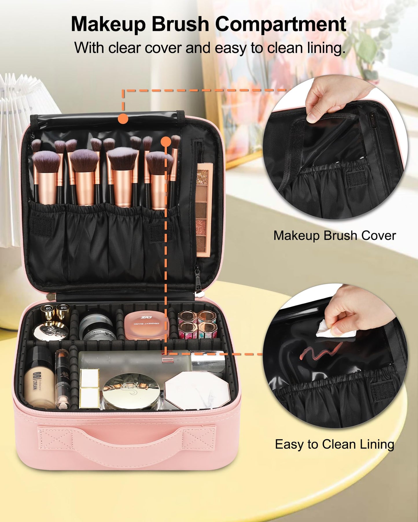 Relavel Travel Makeup Train Case Cosmetic Case Organizer Portable Artist Storage Bag with Adjustable Dividers for Cosmetics Makeup Brushes Toiletry Jewelry Digital Accessories (Pink)