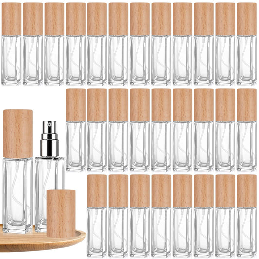 Roshtia 30 Pcs 0.33 oz/ 10 ml Beech Wood Color Glass Spray Bottle Refillable Perfume Atomizer Clear Decorative Empty Bottles with Fine Mist Sprayer Pump for Face Body Travel