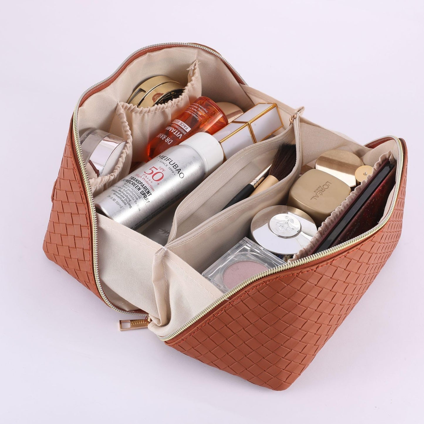 GENERIC Savatti Large Capacity Makeup Organizer Bag, Travel Toiletry Bag with Wide Open Pouch, Cosmetic Bag for Women, Makeup Brush Holder, Toiletries Accessories (165, brown)