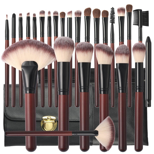 Yasingsi Makeup Brushes Premium Synthetic Foundation Powder Concealer Blending Blush Contour Eyeshadow Eyeliner 26Pcs Makeup Brush Set Red for Women Girl with 2 PU Leather Bags