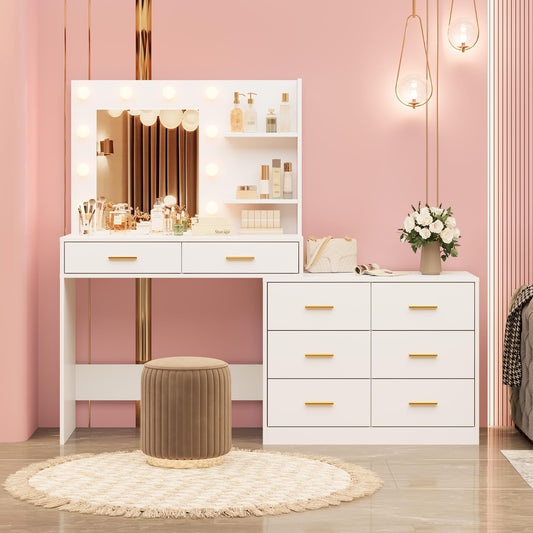 GarveeHome 61 in Make Up Vanity Desk with Mirror and Lights, White Vanity with 8 Wide Storage Drawers & 2 Tier Shelves, 3 Lighting Modes with Adjustable Brightness for Bedroom