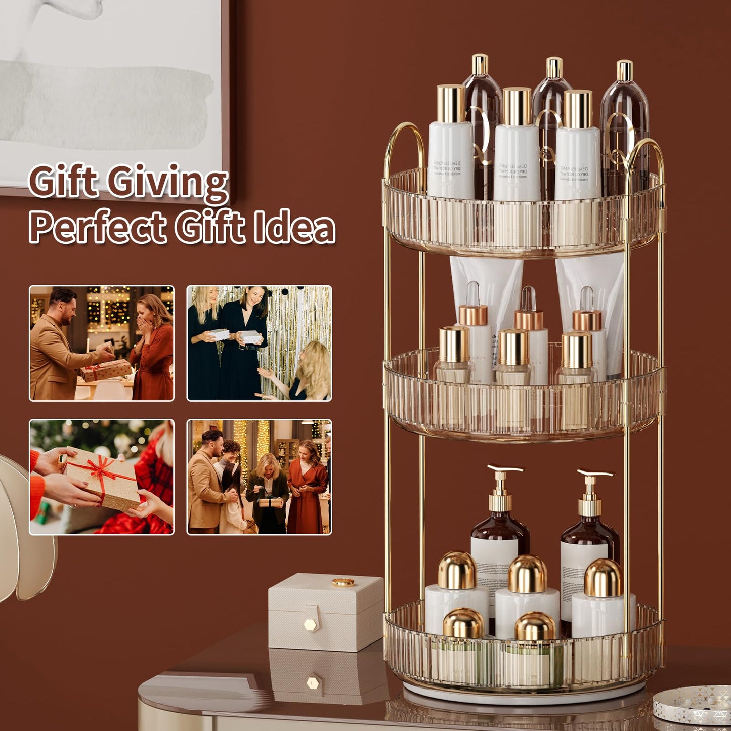 SiiMMM 360° Rotating Makeup Organizer for Vanity - 3 Tier Perfume Organizer with Large Capacity - Skincare Organizer for Bathroom Counter - Space-Saving Cosmetic Storage for Dresser Countertop (Gold)
