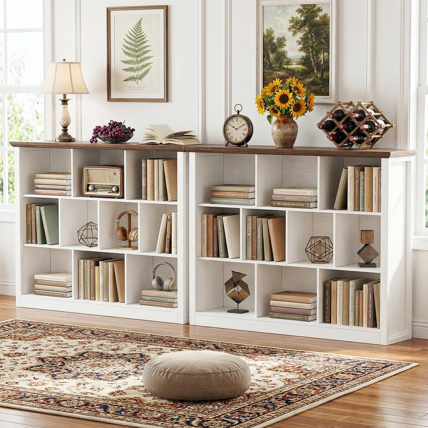 Unikito Cube Storage Organizer Bookcase with Base, Modern Wooden 2 Tiers Low Horizontal Bookshelf for Home and Office, Warm White and Brown