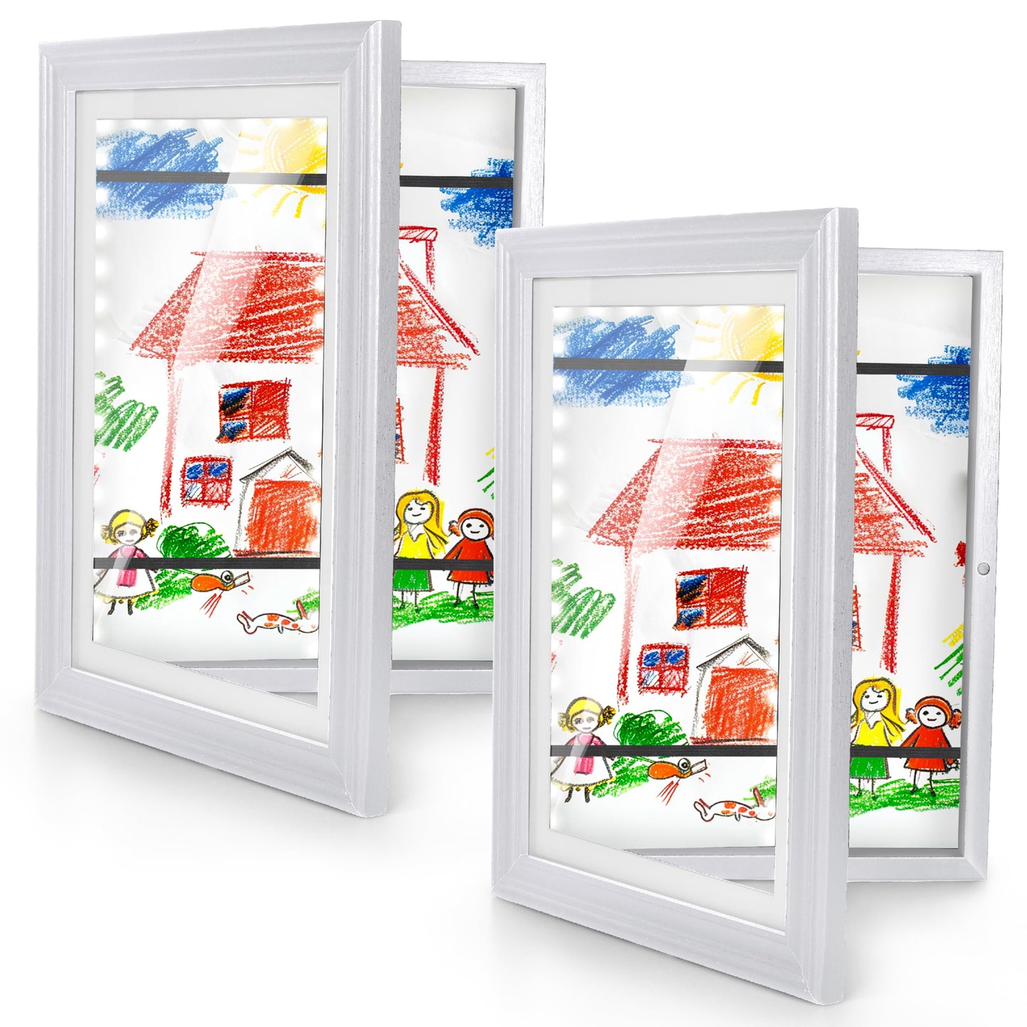 KOTNYX 2 Pack LED Light Kids Artwork Frame - Front Opening Kids Art Display Picture Frame, Holds 100 Pictures, MDF & Shatter-Resistant Glass, Standing Frame/Wall Hanging,13.3x10, Mat 11.6x8.3 (white)