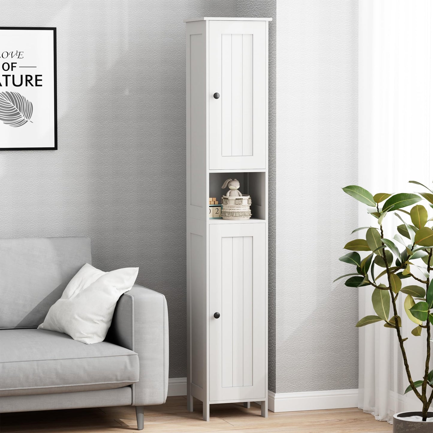 Homleke Tall Bathroom Storage Cabinet with 2 Doors, 67"H Narrow Storage Cabinet with Adjustable Shelves& Anti-Tip Design, Reversible Door Installation, Easy Assembly, 11.8 x 11.8 x 66.9 Inches, White