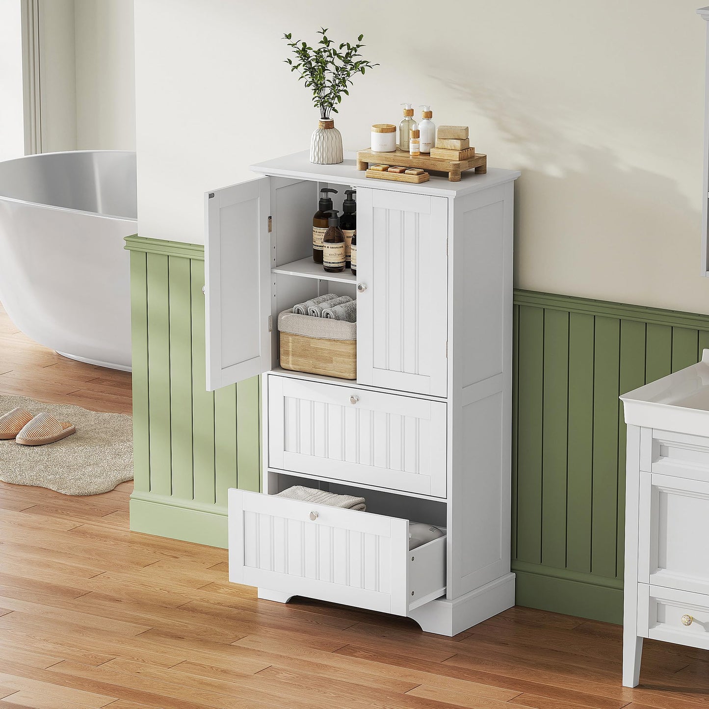 Treocho Bathroom Floor Cabinet, Bathroom Storage Cabinet with Drawers and Adjustable Shelf, Freestanding Cupboard Pantry for Kitchen, Living Room, Dining Room, White