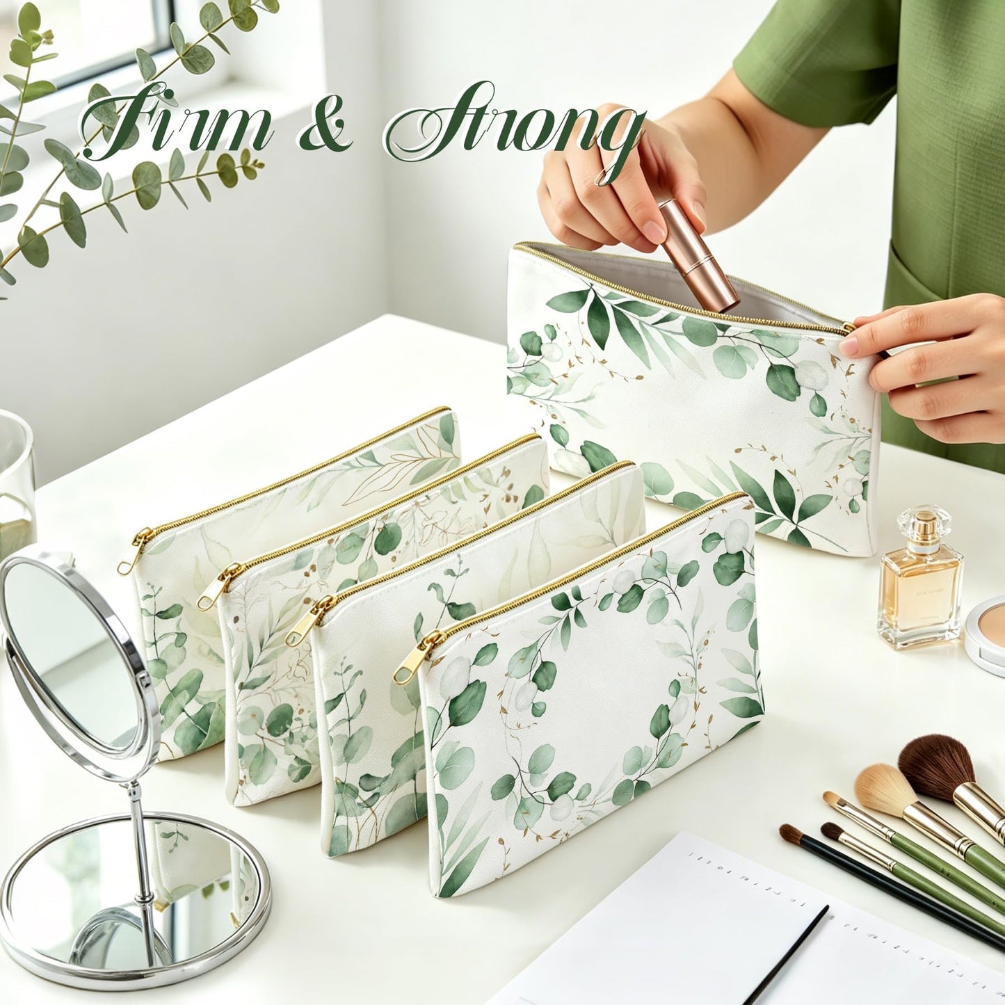 48 Pcs Eucalyptus Makeup Bags Bulk for Women Sage Green Leaves Cosmetic Bags Wedding Bridal Gifts Greenery Canvas Pouches with Zipper for Bridesmaid Baby Shower Anniversary Birthday Party Supplies