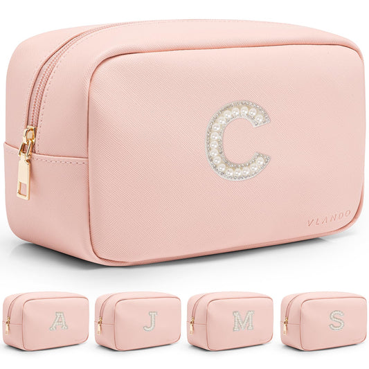 VLANDO Initial Makup Pouch Birthday Gifts for Teen Personalized Toiletry Bag w Zipper, Graduation Gifts Holidays Day Gifts Makeup Bag for Purse Preppy Stuff for Girls Letter C