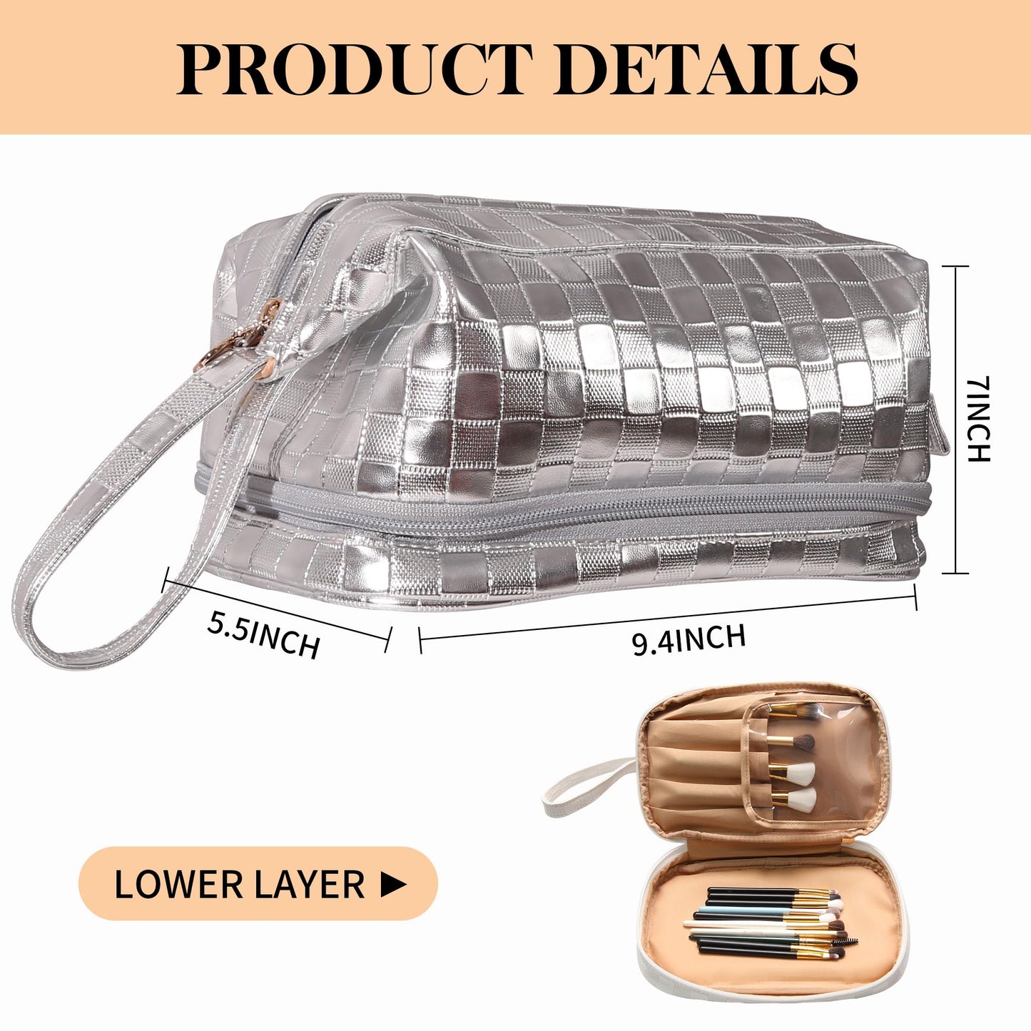 Abiudeng Large Makeup Bag for Women,Travel Makeup Organizer with Brush Holder, Dopp Kit,Waterproof Checkered Cosmetic Bag for Traveling,Multi-Compartment,Essentials,Cute,Spacious Capacity-silvery