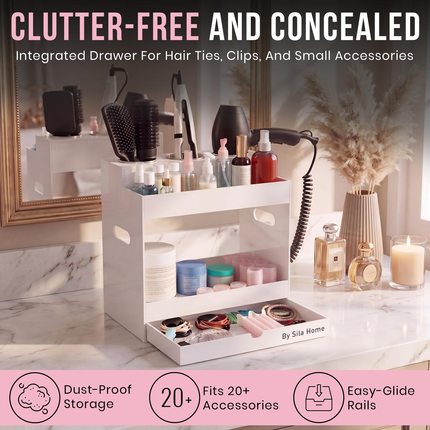 Hair Tool Organizer Countertop Extra Wide Bay | Bathroom & Hot Tools Organizer For Hair | Hairdryer Holder For Bathroom Vanity | Hot Tools Storage for Curling Iron Straightener, 3 Stainless Cups White