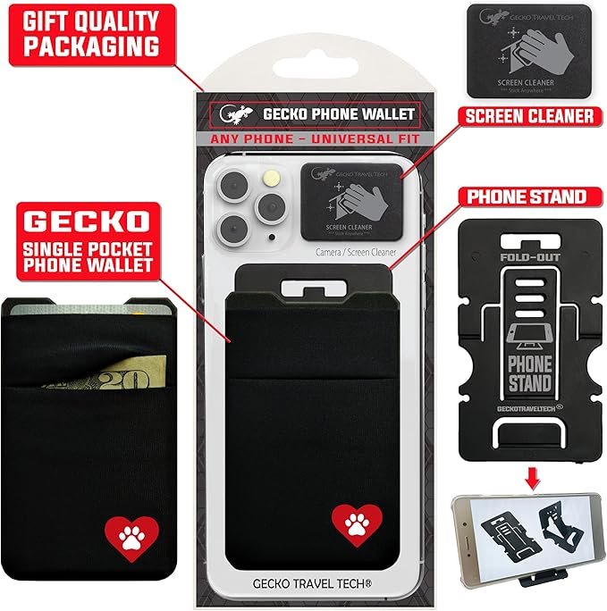 Gecko Travel Tech Double Pocket - Adhesive Card Holder - Cell Phone Pouch - Stick on Spandex Pocket - Carry Credit Cards and Cash - DOG HEART