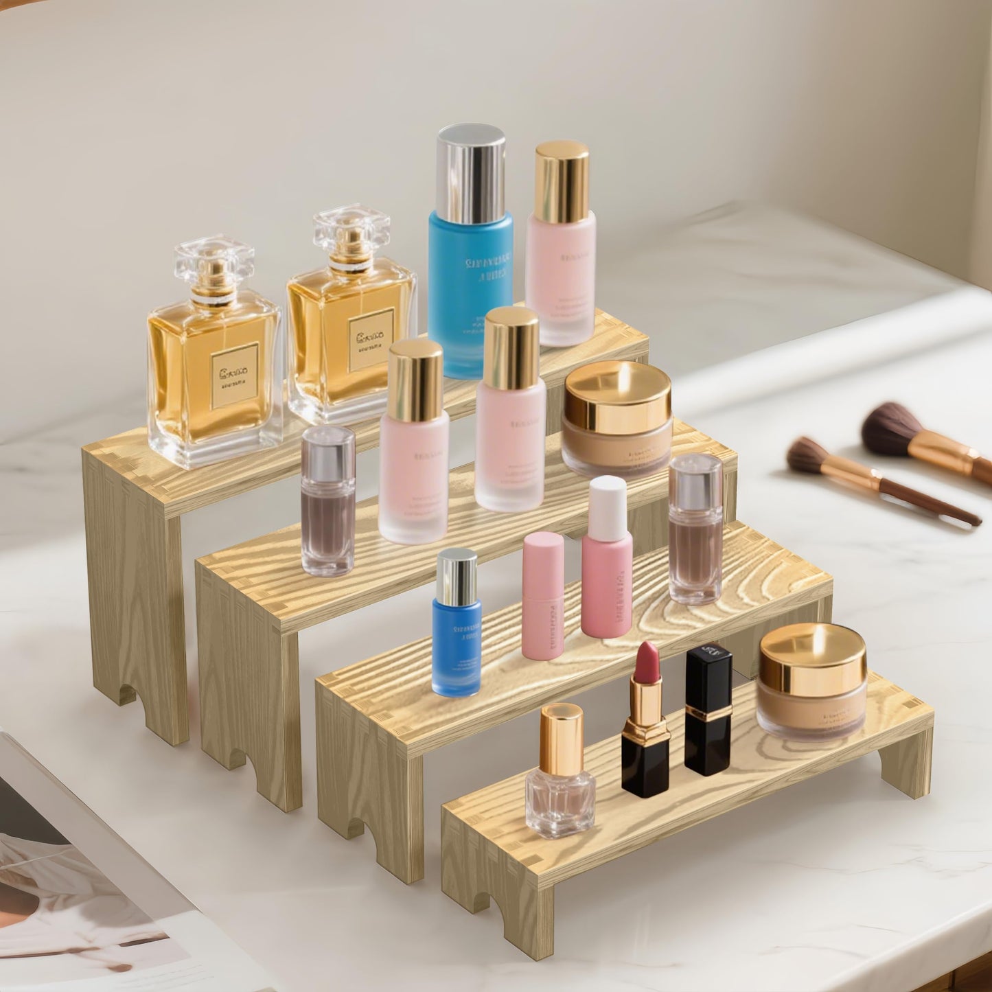 Large 4 Set wood tone Wooden Tiered Display Stands 4 Tier Stackable Pine Wood Display Risers, Suitable for Vendor Events, Cupcake Stands, cake stand Wooden Dessert Table Sets, Vendor Booth Displays,Cosmetic & Perfume Display Tools, Kitchen Spice Storage,