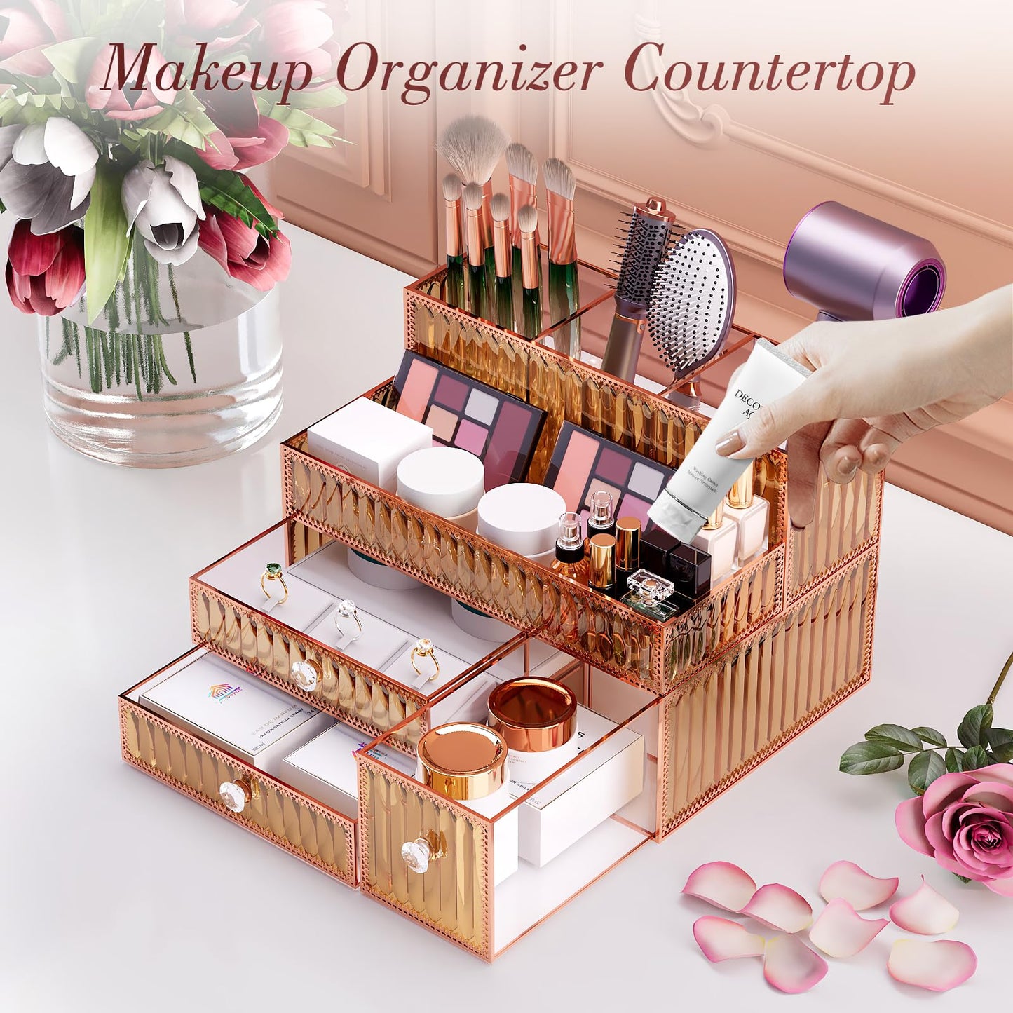 Youdepot Makeup Organizer Golden- Tempered Glass Vanity Organizer for Cosmetics, Skincare, Hair Tools, Brushes, Perfume - Multipurpose Bathroom Counter Skincare Organizer