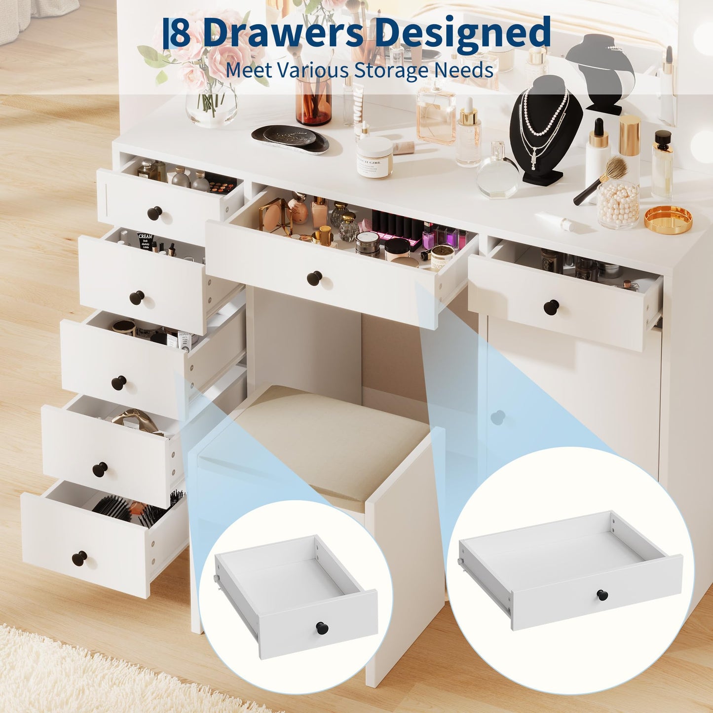 Garvee Makeup Vanity w/Lights Mirror, Desk & Table w/Charger, 7 Drawers, 1 Cabinet, 3 Color Lighting Modes, Wooden Dressing Table for Bedroom, White