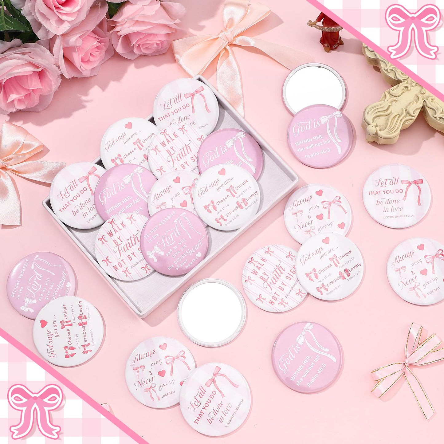 Namalu 48 Pcs Pink Bow Party Favors Pink Bow Coquette Mini Pocket Mirrors Inspirational Christian Gifts Bulk for Women Portable Round Makeup Mirror Church Religious(Bible Verse)