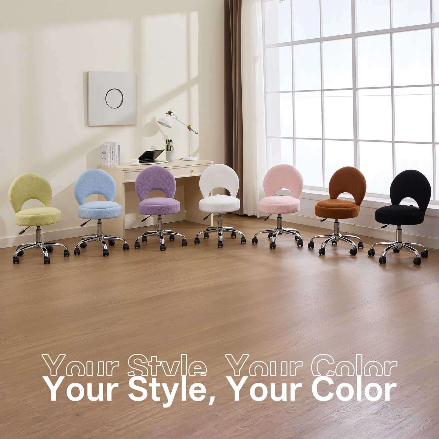 Forfutra Home Office Chair Foldable Vanity Chair Vanity Stool with Storage 15.8" Spacious Seat 360° Swivel Height Adjustable White