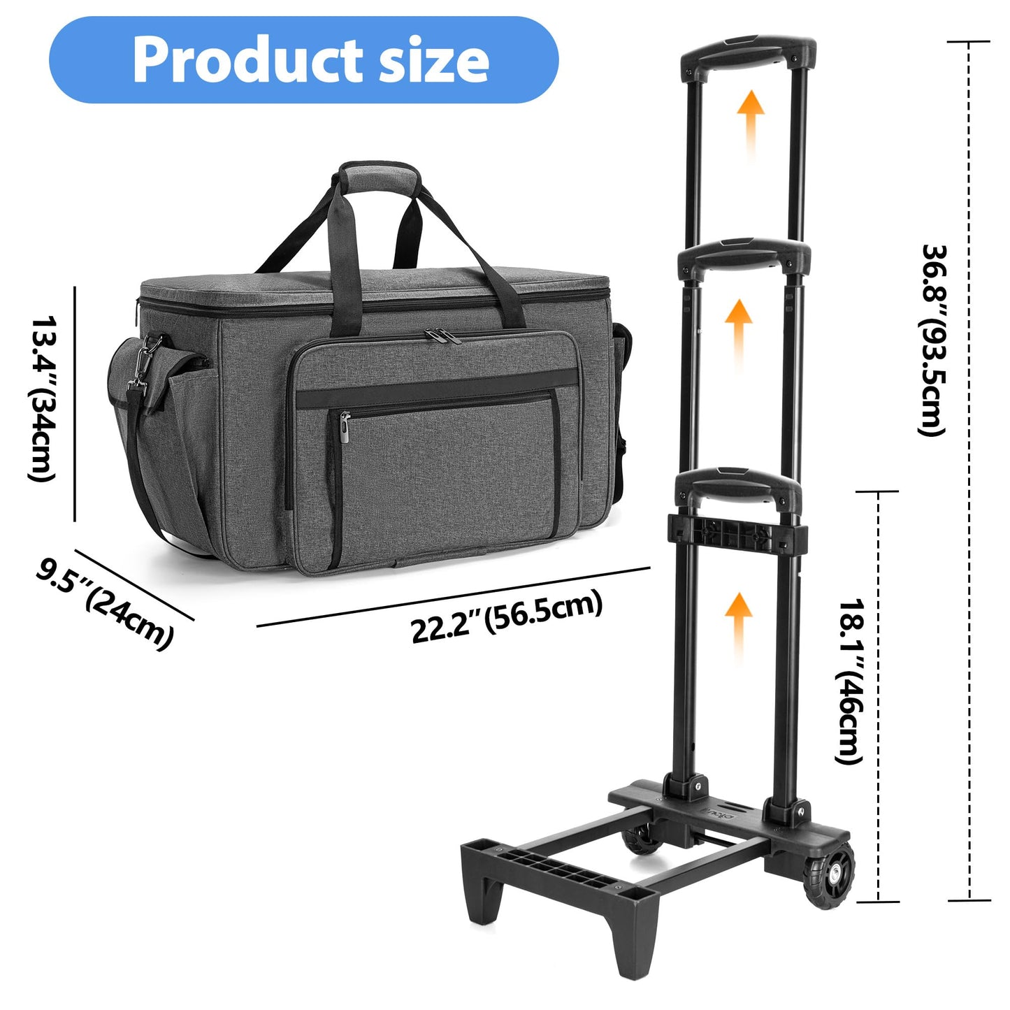 CURMIO Sewing and Embroidery Machine Carrying Case with Wheels, Rolling Embroidery Machine Tote Bag with Bottom Support Board Compatible with Brother SE600, PE535 Embroidery Machine, Gray