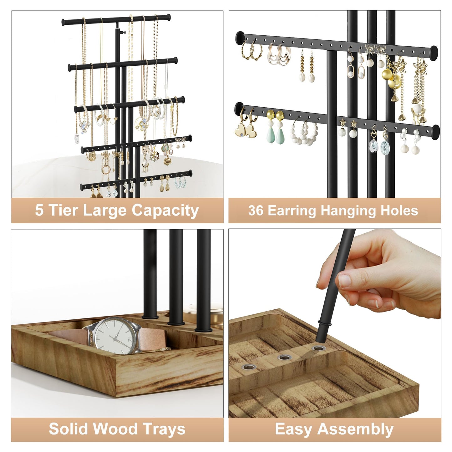 Love-KANKEI Jewelry Organizer Stand, 5 Tier Large Necklace Holder with Wood Base, Jewelry holder stand Tree for Display, Bracelets Earrings Rings, Height Adjustable Gift Carbonized Black & Black