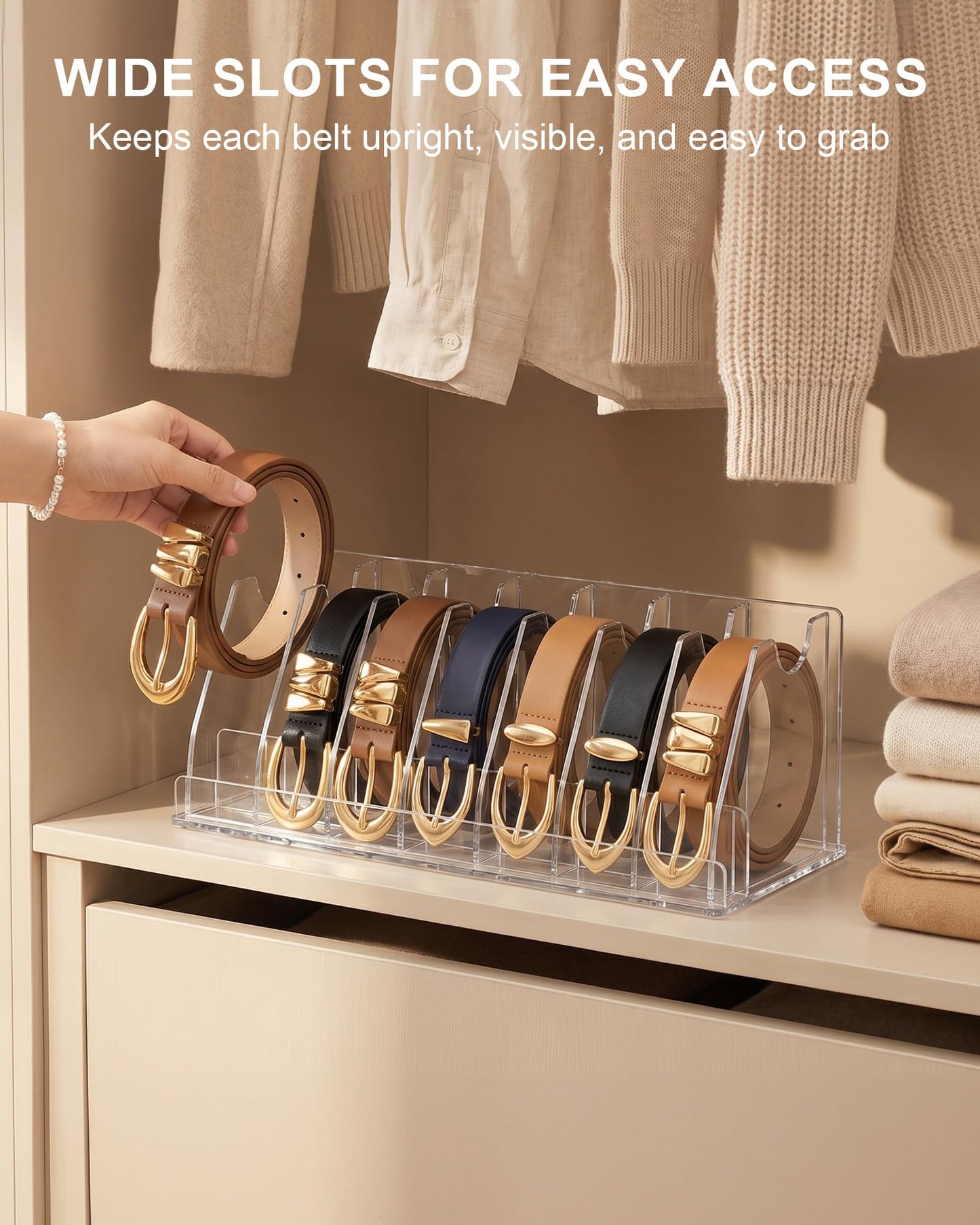Acrylic Belt Organizer - Clear Belt Storage Holder for Closet with Removable Dividers - 7 Compartments and Display Stand
