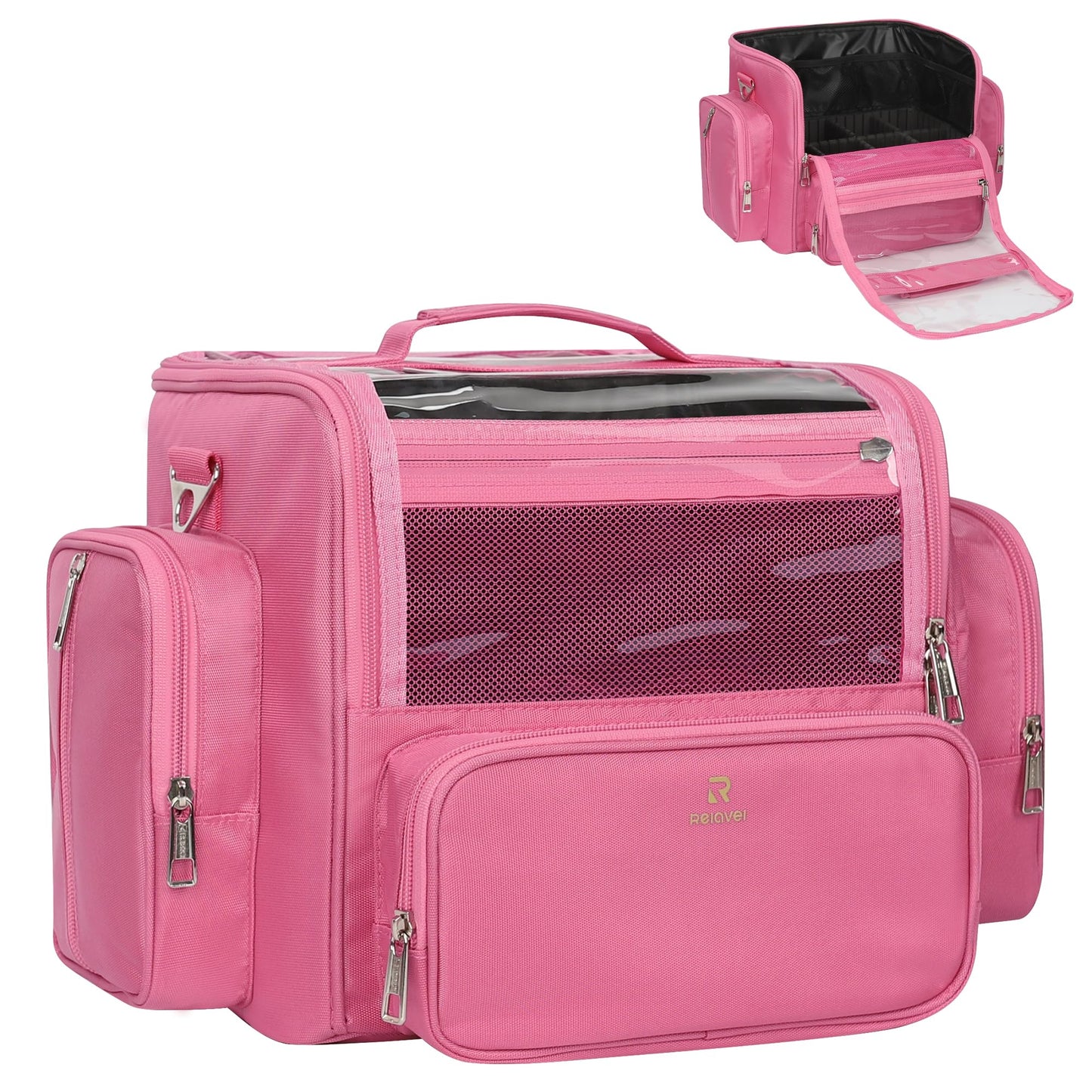 NAONAYA Pink Makeup Brush Bag, Clear Makeup Brush Holder with Lid, Extra Large Capacity Travel Cosmetic Bag Makeup Artist Must Haves,Make Up Organizers and Storage, with Adjustable Dividers