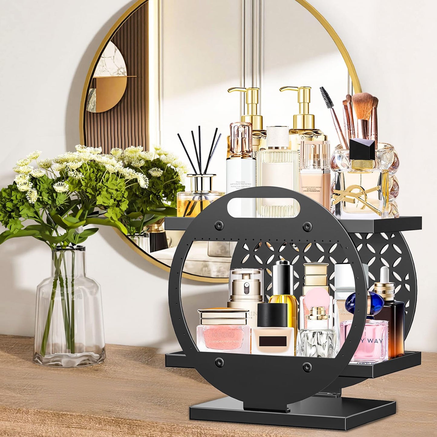 Gouisalin Makeup Organizer for Vanity, 2-Tier Black Perfume Stand Organizer for Dresser, Bathroom Countertop Organizers Bathroom Counter Shelf Skincare Holder Storage Tray Cosmetic Display Rack