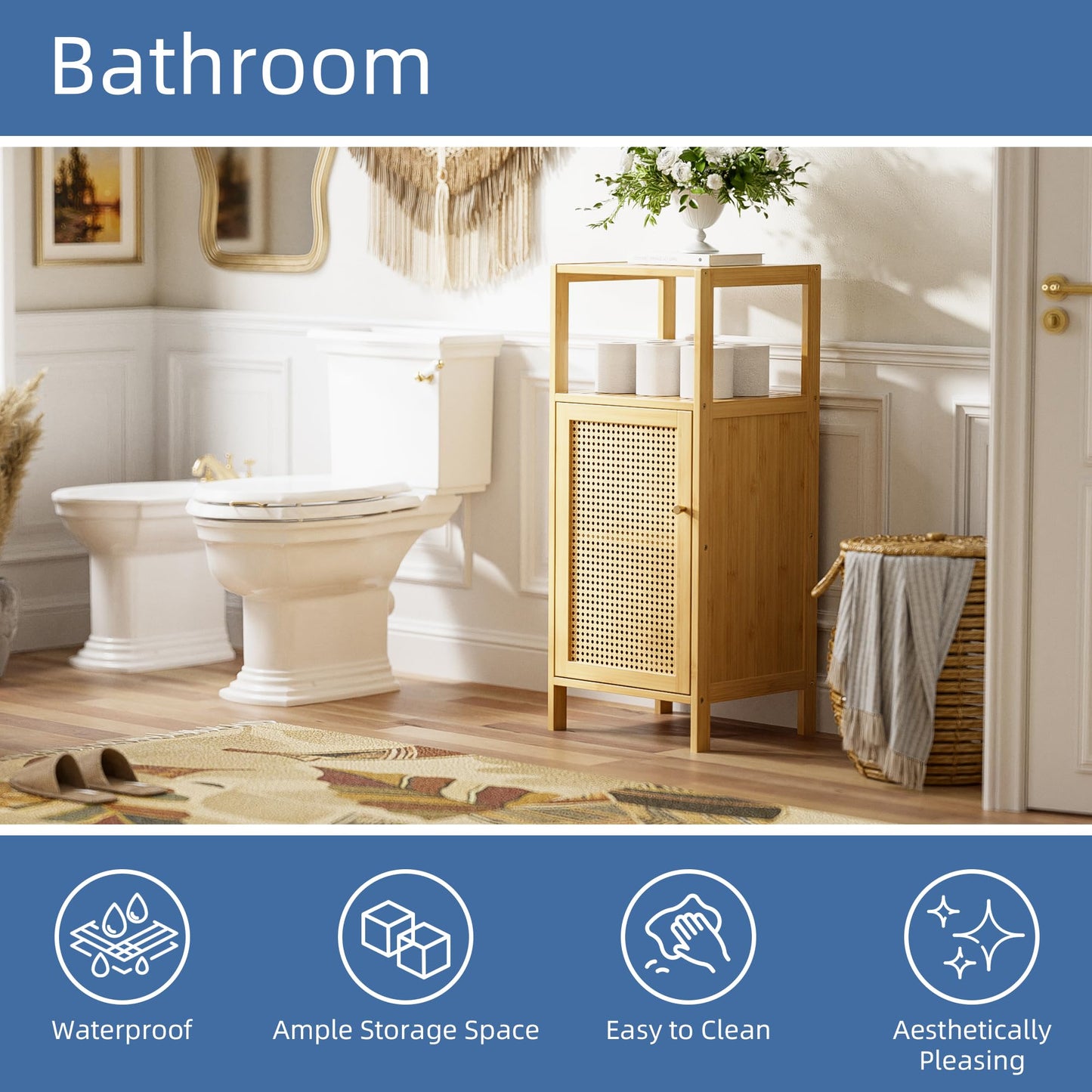 HITNET Bathroom Storage Cabinet Rattan, Small Bamboo Floor Cabinet with Single Door and Open Shelf, Freestanding Narrow Cupboard for Living Room, Kitchen, Entryway, Natural