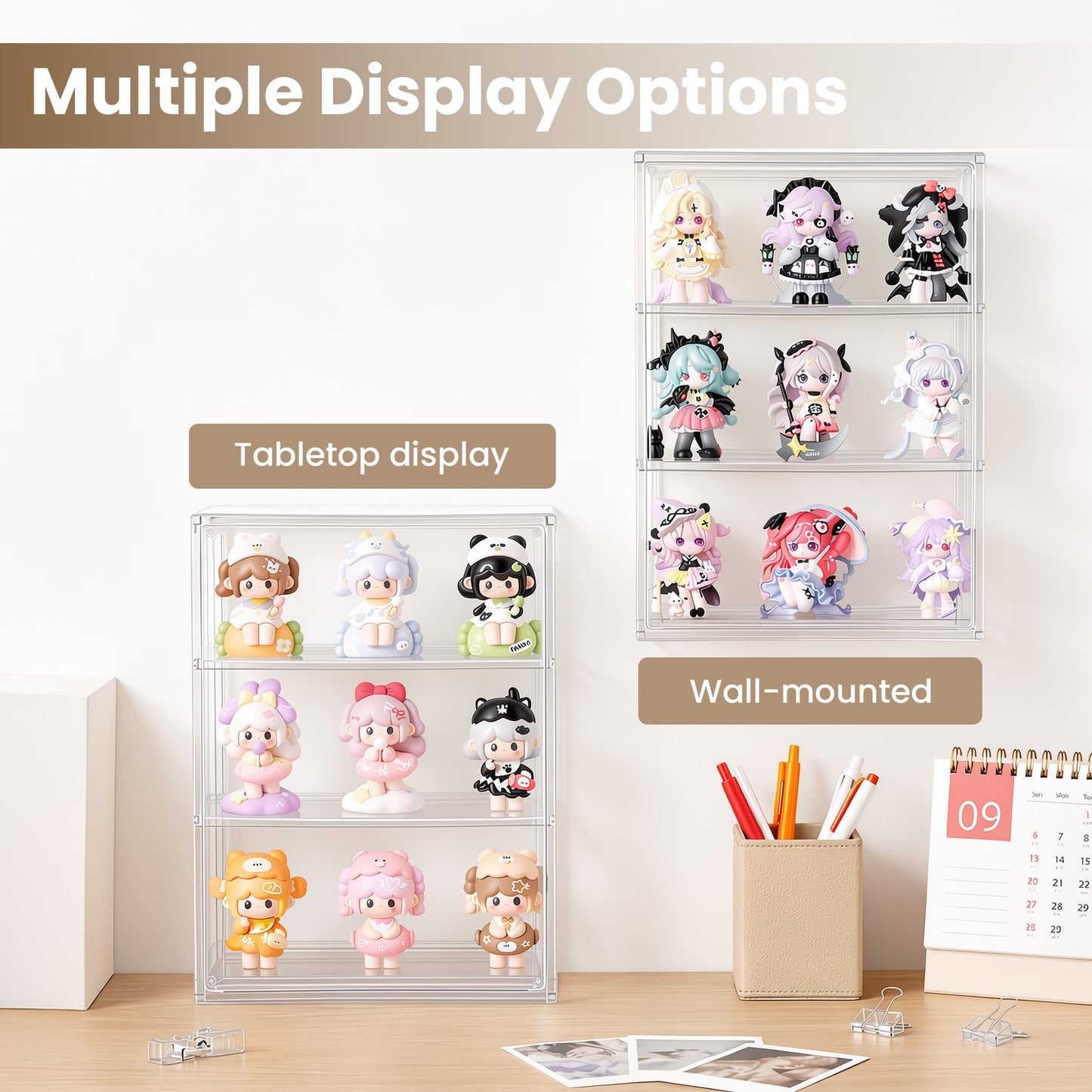 TimberAura 3-Tier Acrylic Display Case for Figures, Wall-Mounted Clear Action Figure Storage Organizer with Magnetic Door & 2 Adjustable Shelves, Dustproof Showcase for Collectibles, 1 Pack