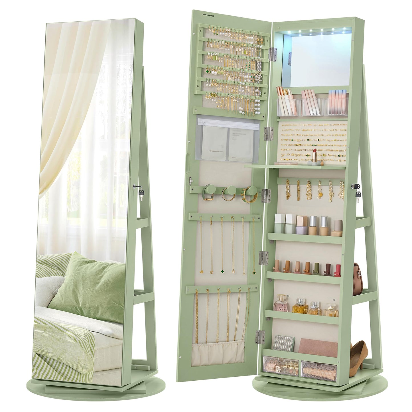 SONGMICS 6 LEDs Lockable Mirror Jewelry Cabinet, 360° Swivel Jewelry Organizer Armoire Standing, Frameless Full-Length Mirror, 3 Storage Shelves, Laurel Green Surface, Cream White Lining UJJC007C01