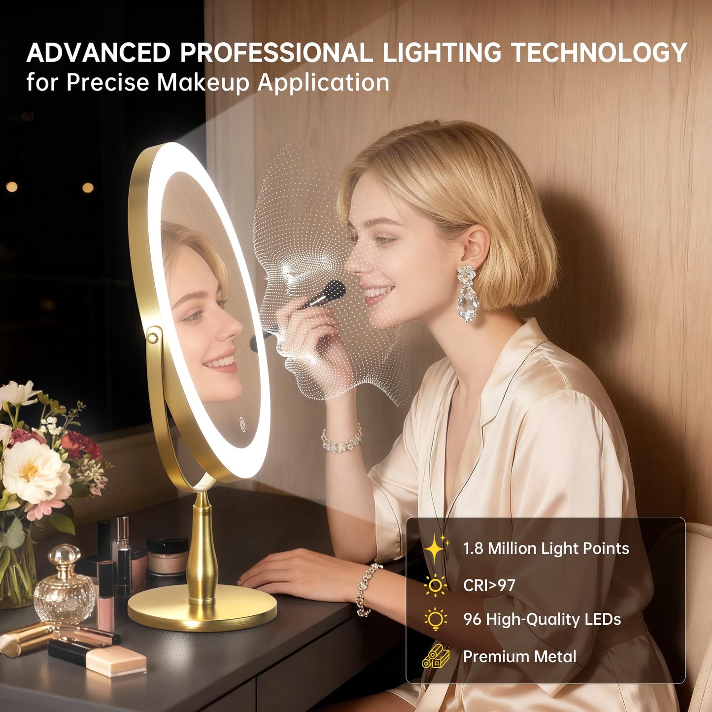 DEXHOM Professional 8" Large Lighted Makeup Mirror with Brighter Lights, 1X/10X True HD Magnifying Mirror with 3 Color Dimmable Lights, 92 Shadowless LEDs, 360°Swivel Seamless Vanity Mirror, Gold