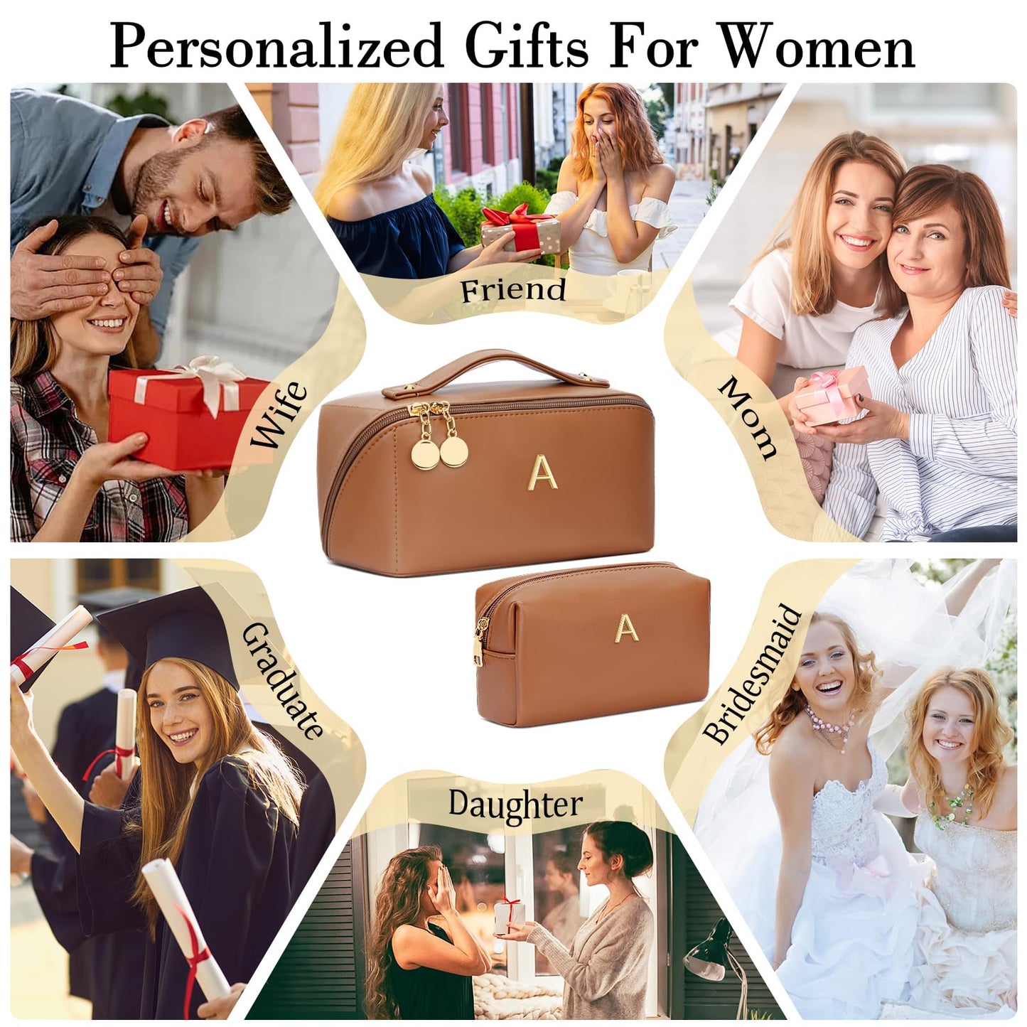CLOUDWINGS Birthday Gifts for Women Teen Girl, Personalized Initial Makeup Organizer Bag Set, Open Flat Travel Cosmetic Bag With Clear Divider and Handle(Brown,A)