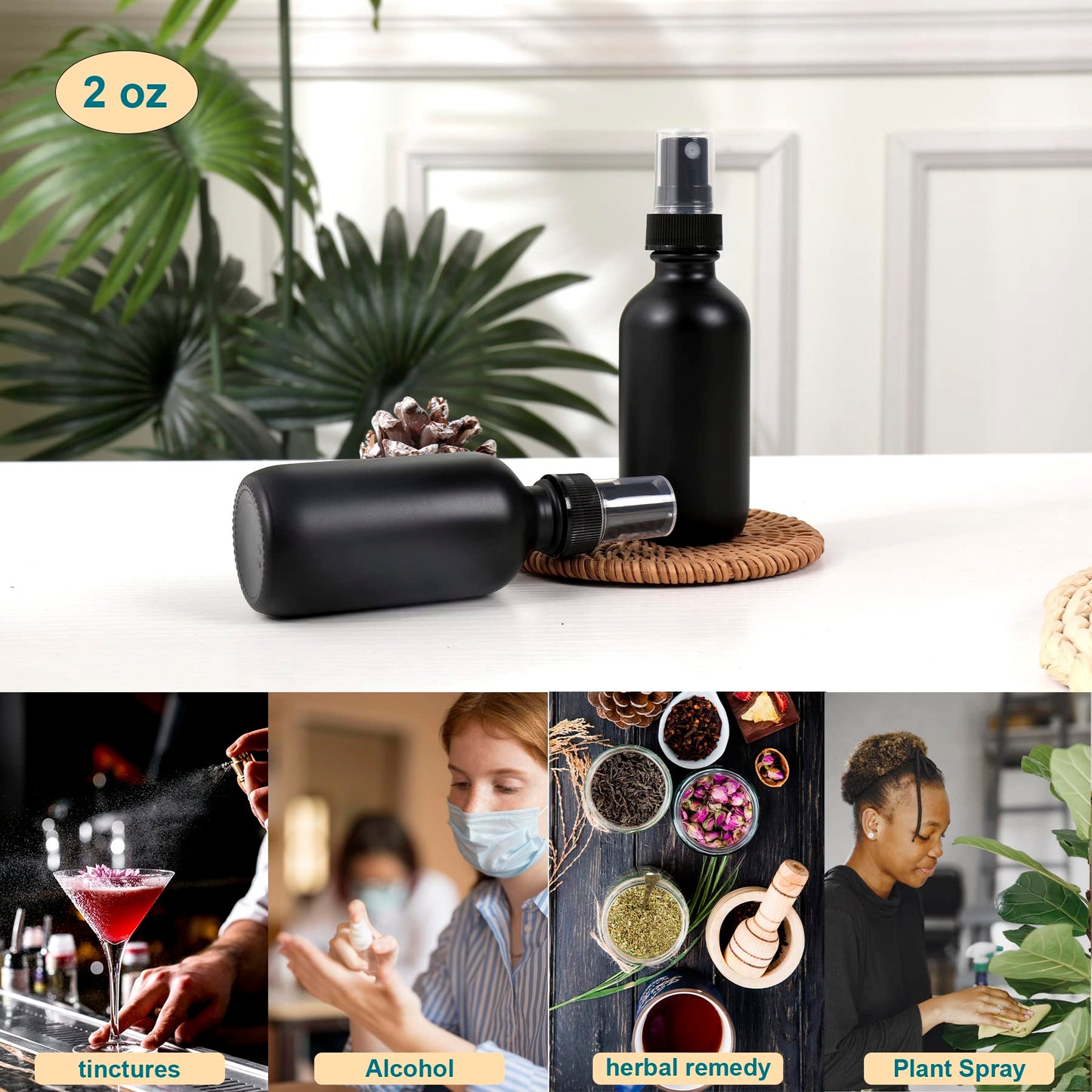 NOOEEISS Frosted Black Glass Small Spray Bottle 2 oz 24 Packs,Fine Mist Sprayer Small Clear Bottles,Refillable Containers mini spray bottles for Cleaning Solutions and Skin Care (Frosted Black 24pcs)