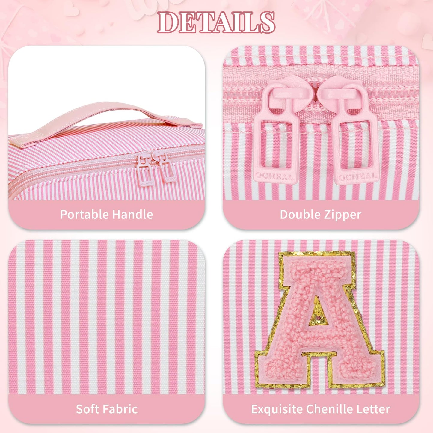 Initial Makeup Bag, Personalized Cosmetic Bag, 2Pcs Large Capacity Make Up Bag for Women, Open Flat Make up Cosmetic Organizer with Handle,Portable Make Up Organizer Pouch for Women - C