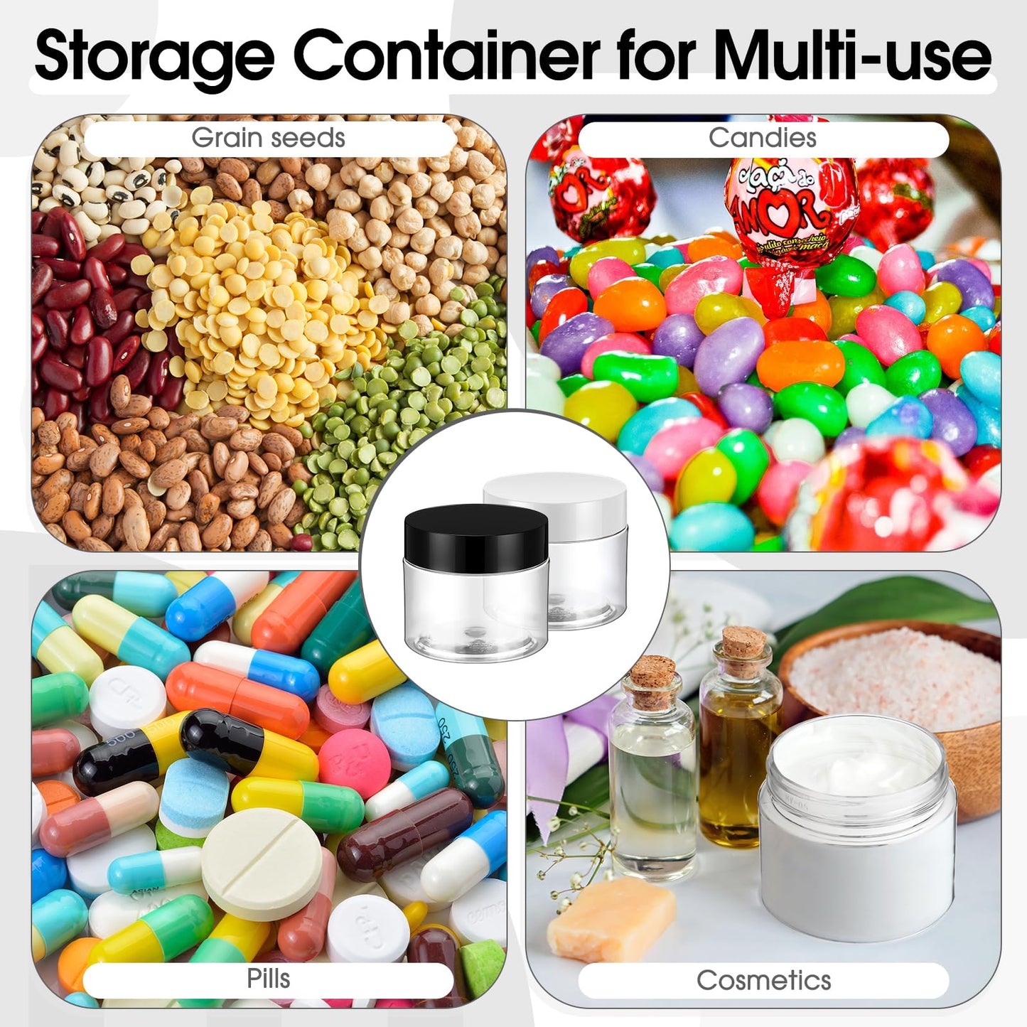 Meanplan 100 Pcs 2 oz Plastic Jars with Lid Mini Mason Jars with Lids Clear Round Cosmetic Container for Travel Storage, Lotion, Cream, Kitchen Use, DIY(Black, White, Pp)