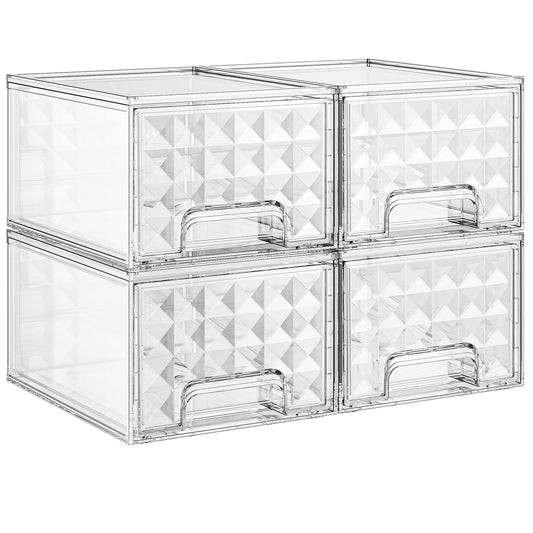 Delamu Stackable Storage Drawers, Makeup, Baby Bottle and Bathroom Cabinet Organizer, Plastic Drawer Organizer for Undersink, Cabinet, Vanity, Kitchen, Pantry, Ideal Gifts for Women, Clear, 4 Pack
