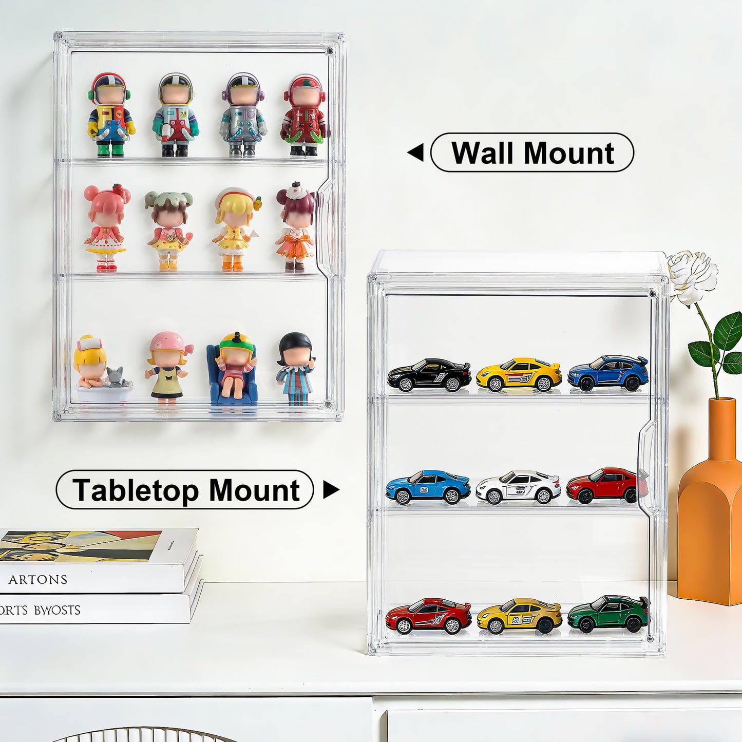 1 Pack ﻿3-Tier Clear Acrylic Display Case Wall-Mounted & Stackable Organizer with Magnetic Door, Dustproof Storage Cabinet for Collectibles Handmade Models (1, 10.6"(L) x 5.1"(W) x 14.2"(H))
