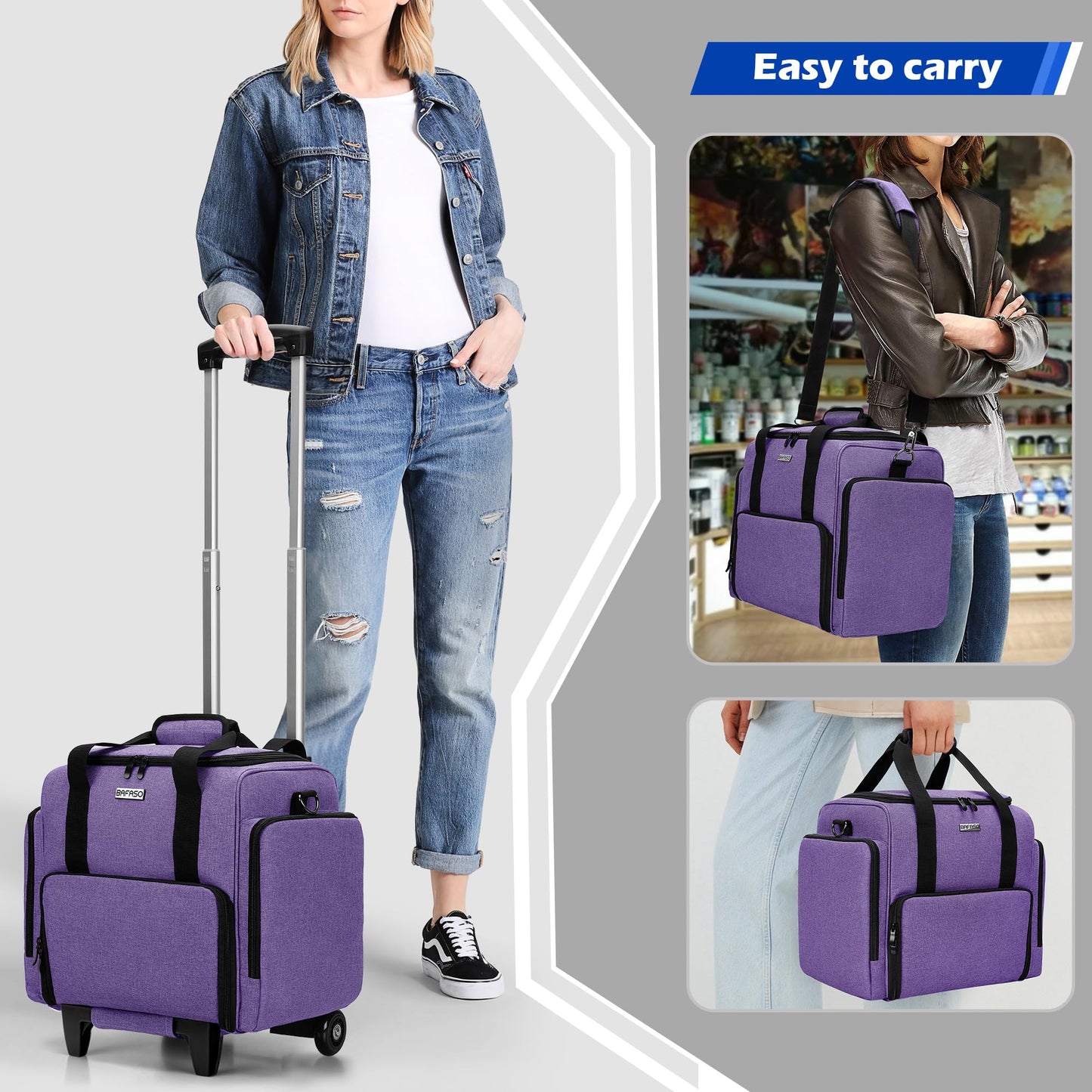 BAFASO Rolling Tattoo Case with 3 Removable Pouches and Detachable Dolly, Tattoo Travel Case for Stencil Printer and Supplies (Patented), Purple